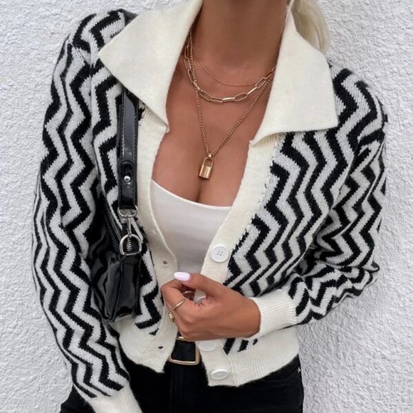 Cream and Black Chevron Button Front Cardigan in M - Picture 1 of 3